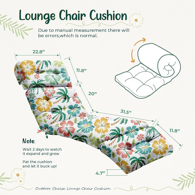 2 Pack Outdoor Chaise Lounge Chair Cushion 75.1 x 22.8 x 4.7 Inches 100% Waterproof Replacement Cotton Patio Pool Lounge Chair Cushion for Outdoor Furniture with Ties, Green Coconut Tree