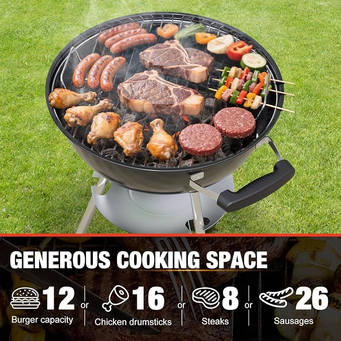 18 inch Charcoal Grill, Portable Kettle BBQ Grills, Barbecue Gift, Durable & Easy to Assemble, Round Barbecue Grill for Outdoor Cooking, Patio and Beach, Black