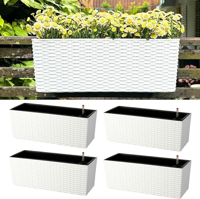 LaLaGreen Deck Railing Planter Box (20 Inch, 4 Pack) White Rectangular Window Flower Boxes with Bracket, Self Watering System Hanging Planter Box for Outdoor Plant Container Herb Rail Fence Balcony