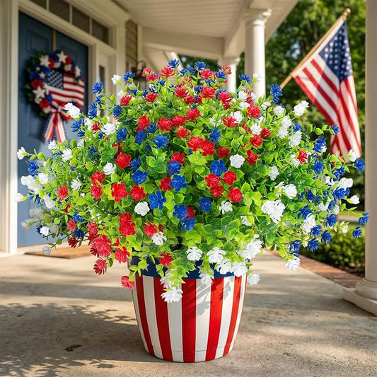 Hananona 12 Pcs Artificial Flowers Outdoor, Faux Artificial Plants UV Resistant Plastic Patriotic Flower Bulk for 4th of July Hanging Planter Porch Window Home Summer Decor 12, Red, White, Blue