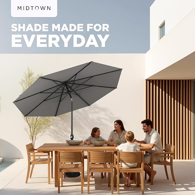 Midtown Umbrellas 10-Year-No-Fade - 9 Ft - UV Proof Charcoal Grey Polyester Fabric - Umbrella Outdoor Patio, Auto-Tilt Aluminum Frame Patio Umbrella for Garden, Pool & Deck - Black Pole