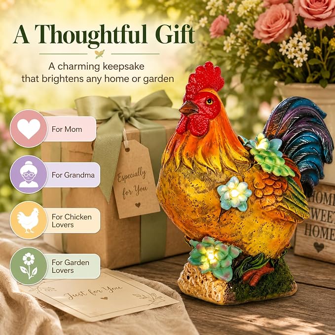 Solar Garden Statues Colorful Rooster and LED Lights Birthday Gifts for Women Mom Grandma Solar Outdoor Cat Decor for Outside,Outdoor Solar Lights for Yard, Garden and Patio, Unique Gift for Women