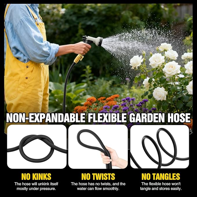 Garden Hose 25 ft Non-Expandable, Flexible Water Hose, Lightweight Hose with 10-Function Nozzle for Yard, Portable, Leak Proof, All-Weather Water Pipe for Outdoor, Car Wash, RV, Lawn