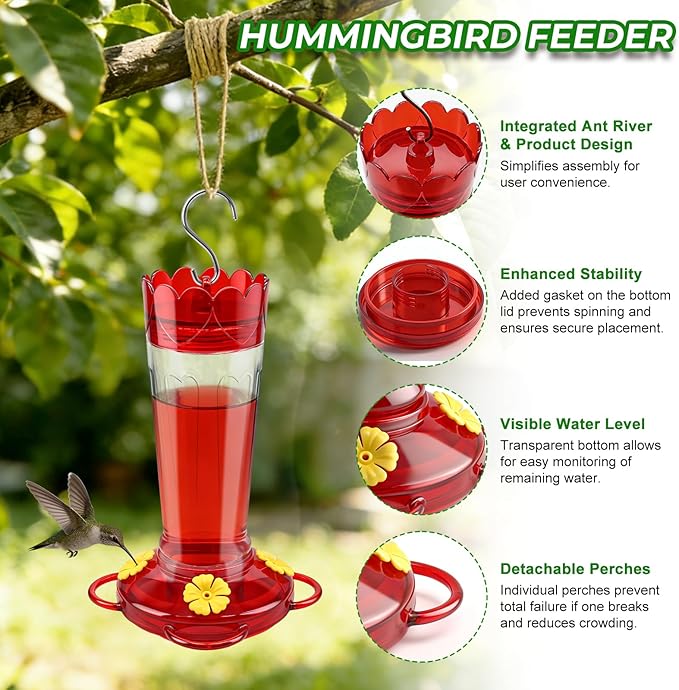 Hummingbird Feeders for Outdoors 2pack-14 OZ，Humming Bird Feeder with 4 Bee Guard Feeding Ports & Built-in Ant Moat, Plastic Hummingbird Feeder for Garden Backyard Decor, Gifts for Women Mom
