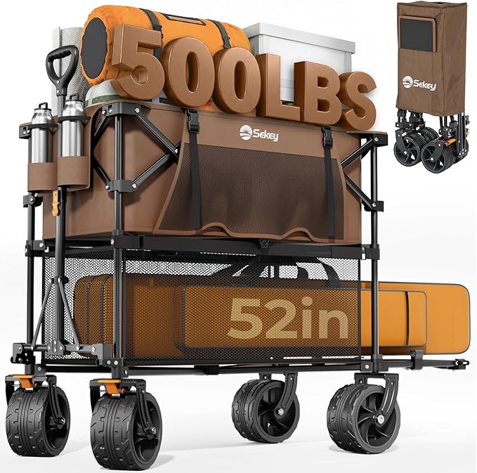 Sekey 500LBS Heavy Duty Double Decker Wagon with Extender, 400L Large Capacity Collapsible Garden Cart Fits 10x10 Canopy, All-Terrain Big Wheels with Brakes, Foldable Utility Wagon for Sports, Camping