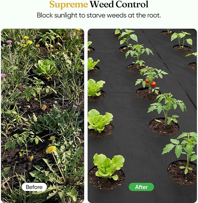 Grenebo Weed Barrier Fabric, 5.3FT x 50FT, Non-Woven Landscape Fabric, No-Fraying and Easy to Cut, Highly Permeable and Breathable, with15 U-Shaped Stakes, for Gardens, Flower Beds and Vegetable Plots