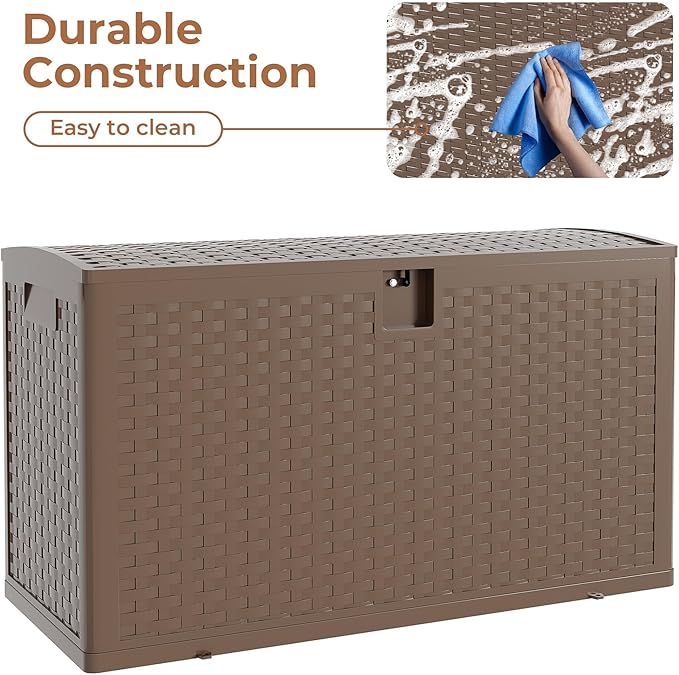 99Gallon Brown Resin Deck Box, Outdoor Storage Box Waterproof Lockable, Patio Deck Box For Package Parcels, Outside Storage Box Container for Furniture Cushions, Garden Tools, Pool Accessories