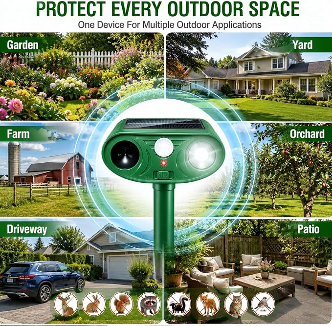 4 Pack Sonic Fortress Pro Deer Repellent Solar Animal Repeller Outdoor, Ultrasonic Cats Deterrent with Motion Sensor & Flashing Light, Deer Rabbit Squirrel Raccoon Fox Cat Repellent for Yard Garden