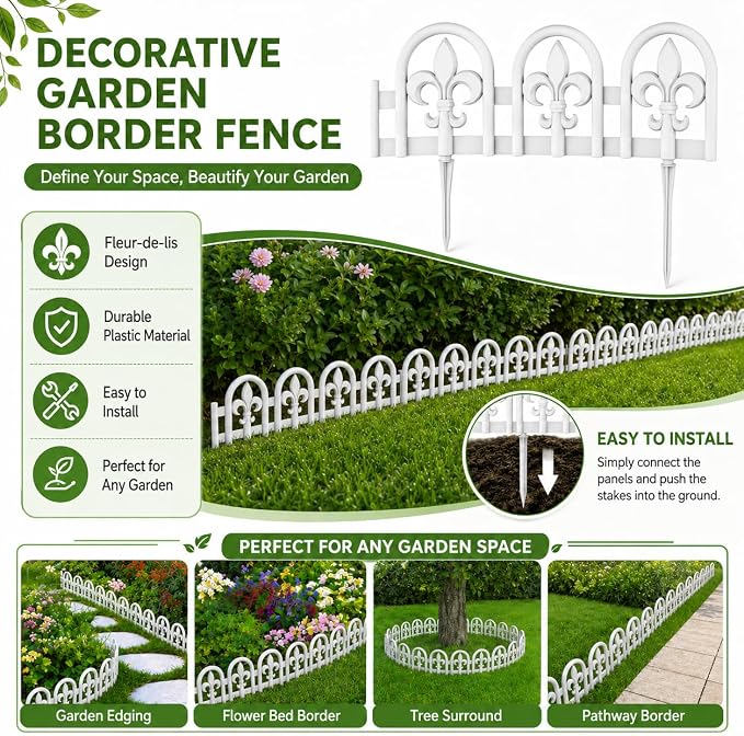 Evelyne White Garden Border Plastic Edging – PP Plastic, Short Metal-Free Wrought Iron Look Design, 27pcs Yard Landscaping Fence Liner Lawn Edge Barrier, 35ft Kit of Decorative Lawn Landscape Panels