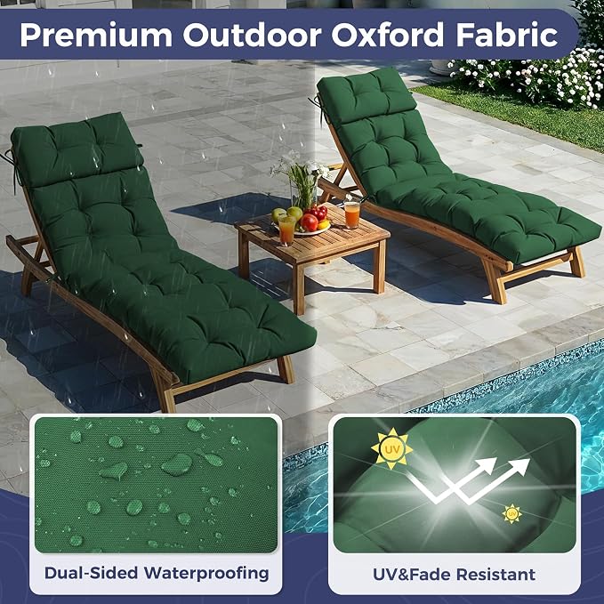 Outdoor Chaise Lounge Cushions 75.1x22.8x4.7 Inch, Waterproof Lounge Chair Cushions for Pool, Patio, Deck, Lawn, Fade Resistant Lounge Cushions for Outdoor Furniture with Ties, Forest Green