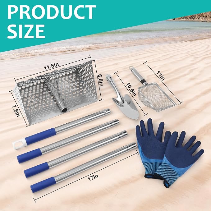 Sand Flea Rake, 65 Inches Long Handle, Stainless Steel Shark Tooth Sifter, Detachable 11-Inch-Wide Drainage Mesh Beach Sand Sifter for Collecting Sand Fleas, Shells and Shark's Teeth