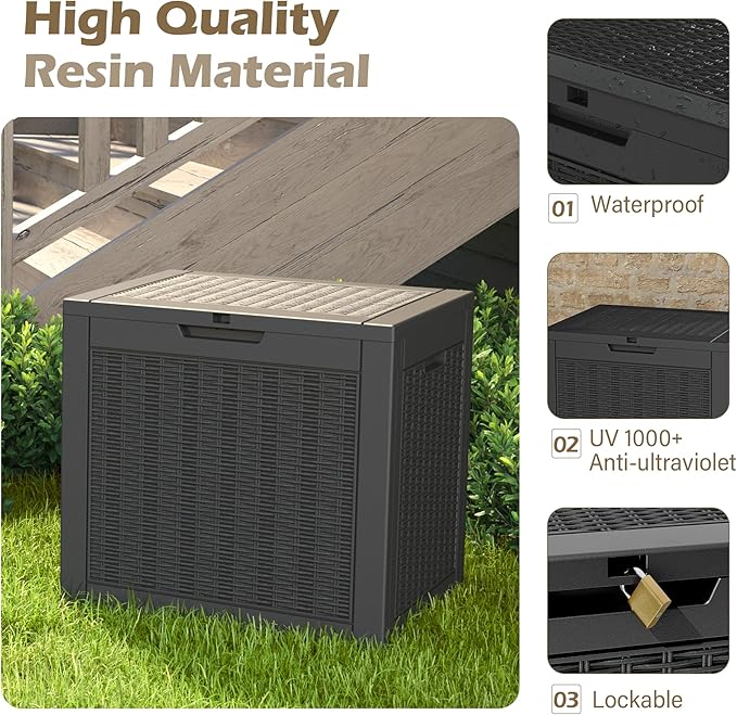 Outdoor Storage Box, 31 Gallon Deck Box with Lockable Lid, Waterproof Resin Storage Bin for Patio Furniture, Garden Tools, Cushions, Black