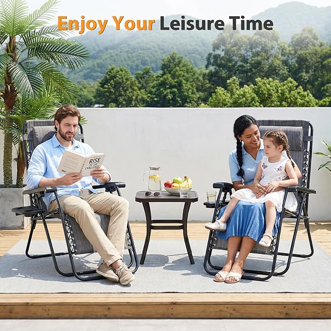 NEWBULIG Zero Gravity Chair Set of 2, Lounge Chair Folding Portable Adjustable Camping Reclining Chairs with Adjustable Pollow, Mesh Back, Cup Holder Trays Lawn Patio Chair for Pool Beach - Grey