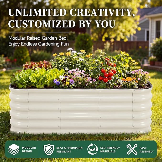 3 Pcs Raised Garden Beds Outdoor, 17" Tall 3-in-1 Modular 4x2ft Galvanized Metal Planter Box with Bracing Rods and Gloves for Vegetables Flowers Herbs, White