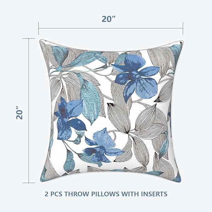 LVTXIII Outdoor Throw Pillows 20x20 Patio Waterproof Square Pillows with Piping Fade Resistant Accent Pillow for Spring Summer Garden Decoration, Set of 2, Clemens Noir Blue