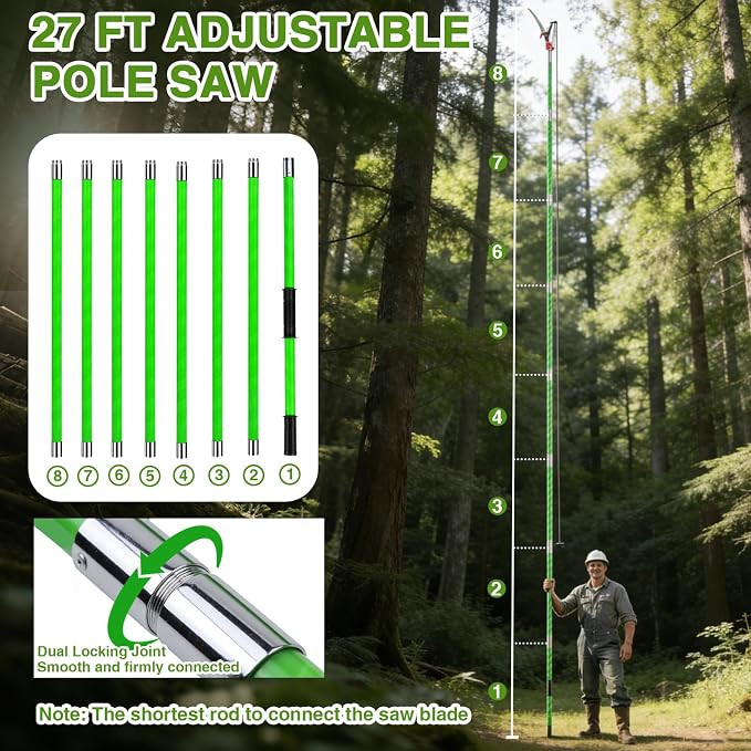 Pterying Pole Saws for Tree Trimming - 7.3-27 ft Manual Tree Trimmer with Sharp Steel Blade and Scissors, Long Reach High Branch Cutter for Garden Landscaping Pruning Palms Shrubs Fruit Trees