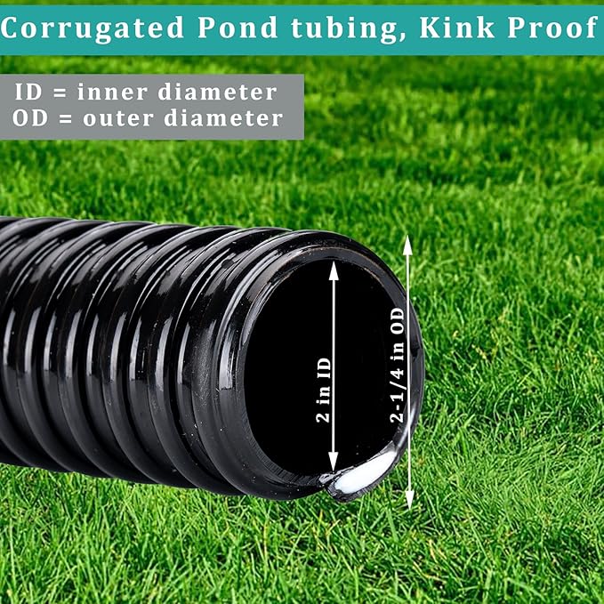 Pond Hose ID 2” × 50ft Black Corrugated Flexible Reinforced PVC Hose Vinyl Tubing for Pond Pump Fountain Garden Waterfall, Non-toxic & Kinkproof, with 2 clamps