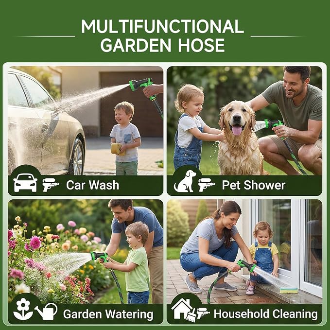 Non-Expandable Garden Hose 50 FT, Heavy-Duty & Flexible Water Hose with 10-Function Nozzle, Kink-Free & Leak-Proof Design, Ultra Lightweight Portable Yard Hose for Lawn, Car, Outdoor Use