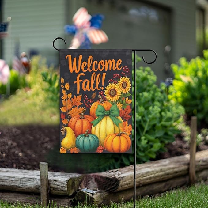 Welcome Fall Black House Flag 28x40 Inch Double Sided Outside Sunflower Pumpkin Autumn Seasonal Yard Outdoor Flag Banner for Garden Lawn Patio Holiday Decorations