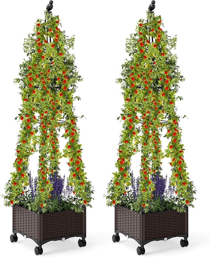 HAPPYGRILL 71" Garden Trellis for Climbing Plants, Self-Watering Raised Garden Bed w/Obelisk Trellis, Lockable Wheels, Adjustable Height, Indoor Outdoor Vertical Planter Box for Flower, Vine (2)