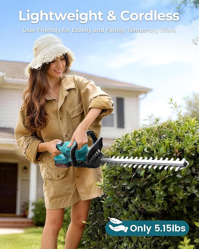 22'' Cordless Hedge Trimmer with 2 Rechargeable Batteries & Charger, 3000RPM Brushless Electric Handheld Bush Clipper, 180° Rotatable Head, 2/3'' Blade Gap, Gardening Gifts for Mother’s Day