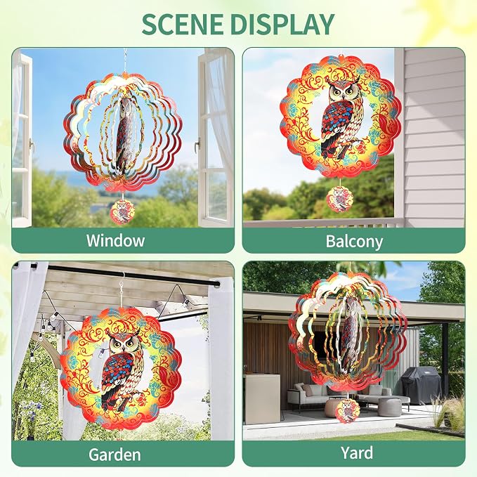 Owl Wind Spinners Outdoor for Mother's Day, IDEA SHOW 12In Stainless Steel Wind Spinners, 3D Kinetic Hanging Sculpture, Rustproof Metal Garden Decor Ornaments for Yard Art, Women, Men, Holidays