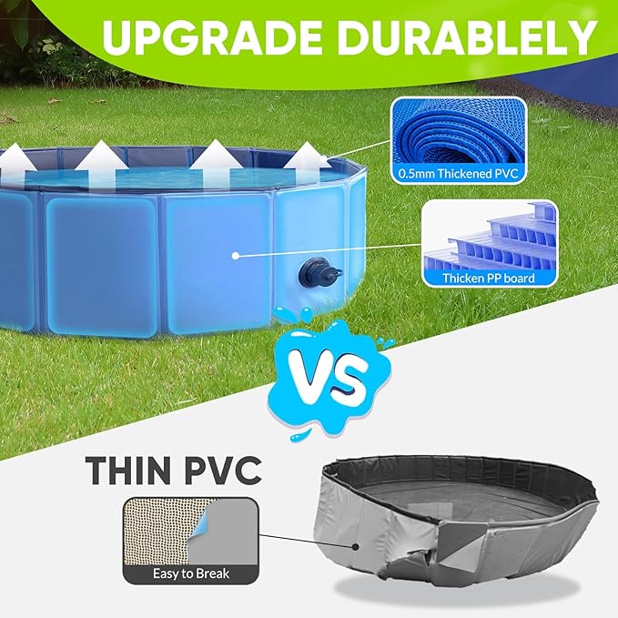 Dog Pool, Foldable Pet Swimming Pool with 6mm High-Strength PP Board, Hard Plastic Collapsible Doggy Pools for Small Dogs Kitty Duck, Non-Slip Doggie Bathtub Quick to Set Up and Drainage Hole, 63"