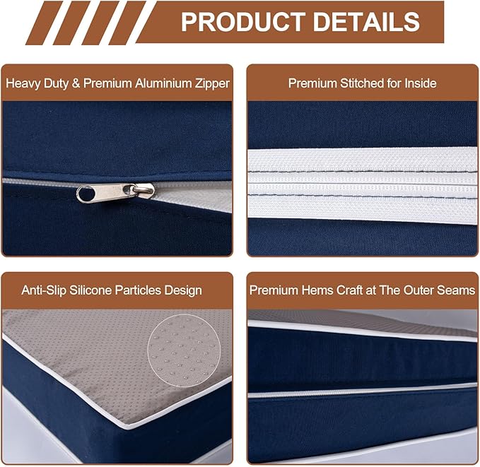 14 Piece Outdoor Patio Cushion Covers Replacement, Waterproof Outdoor Furniture Cushion Covers, Fit 7 Pcs 6 Seater Wicker Rattan Conversation Sofa Set, Navy Blue+White Piping(Only Cover) 25.6x25.6"