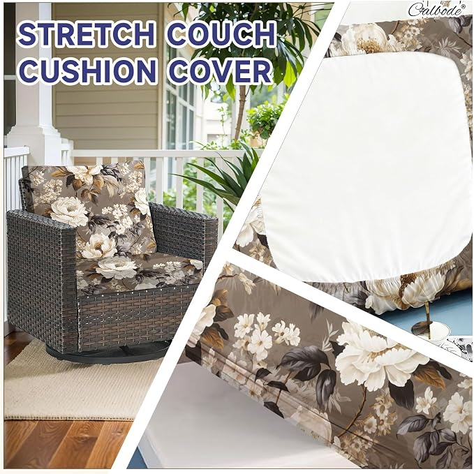 CALBODE 12 Pcs Stretch Outdoor Seat Cushion Covers, Washable Chair Seat Cover for Patio Furniture Cushions Soft Indoor and Outdoor Couch Cover Replacement (Brown Blooms, Cover Only)
