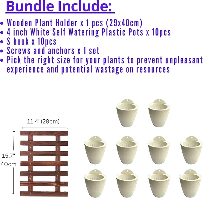 ShopLaLa Bundle - 4 Inch White Self Watering Pots x 10 Packs + Wooden Plant Holders, Indoor Vertical Wall Garden, Living Plant Wall Herb Garden Vertical System, Wall Mount Hydroponic Wall Pots