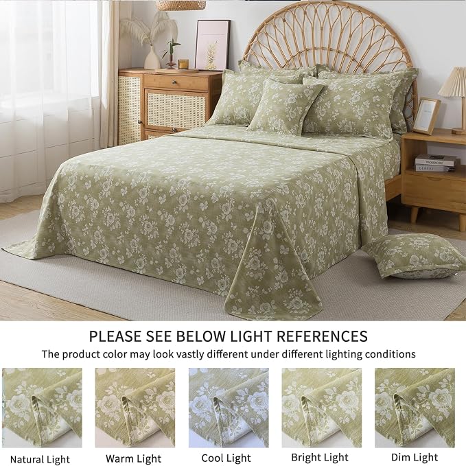 FADFAY Sage Green Sheets Set King 100% Cotton Washed Double Gauze Muslin Bedding 4Pcs Vintage Rose Floral Sheets Shabby Cottagecore Bedding Super Soft & Breathable Deep Pocket Fitted Sheet, King Size