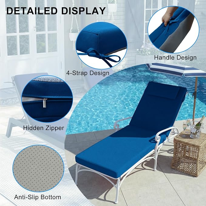 Outdoor Chaise Lounge Cushions, 72x21 Inch Olefin Water & Fade Resistant Pool Lounge Chair Cushions, Patio Sun Lounger Pad with Pillow & Straps for Patio, Pool, Deck, Lawn, Dark Blue