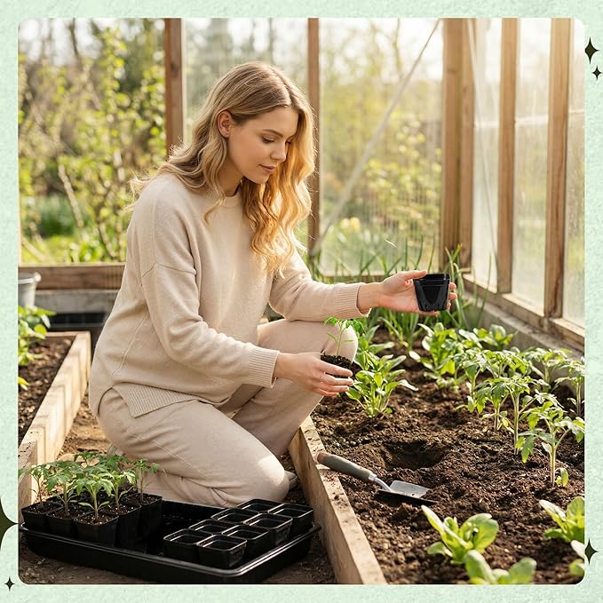 100 Pcs Square Nursery Pots, 5 Pcs Seed Starter Tray, 2.6 inch Nursery Pots with Tray, Plastic Starter Pots for Planting Seeds, Reusable Seed Starting Pots with Drainage Holes (Plastic)