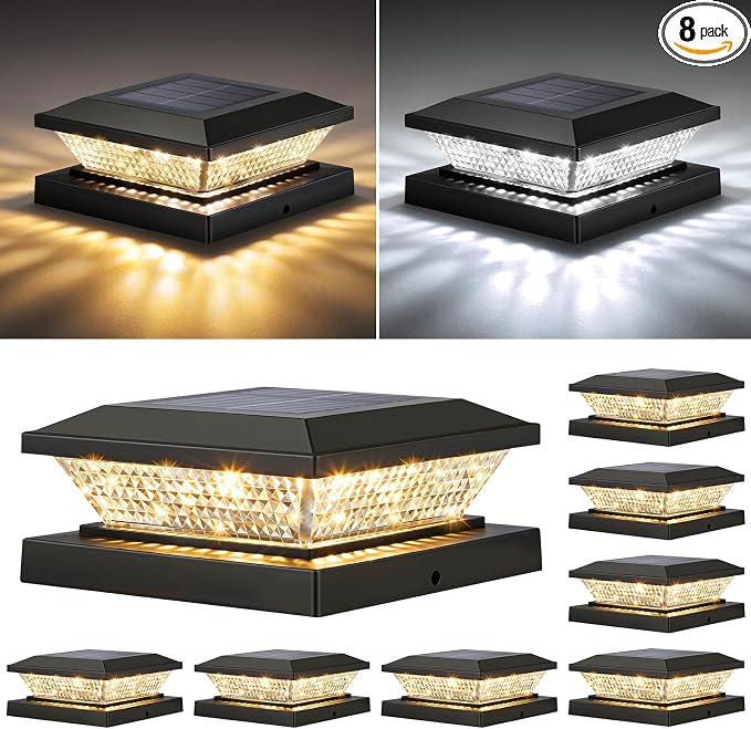 Mlambert 4x4 Solar Post Cap Lights Outdoor 8 Pack, Waterproof Solar Fence Light for Wooden/Vinyl Post, 2 Color Outside Deck Patio Porch Decor, Black