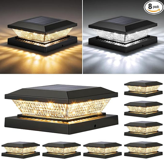 Mlambert 4x4 Solar Post Cap Lights Outdoor 8 Pack, Waterproof Solar Fence Light for Wooden/Vinyl Post, 2 Color Outside Deck Patio Porch Decor, Black