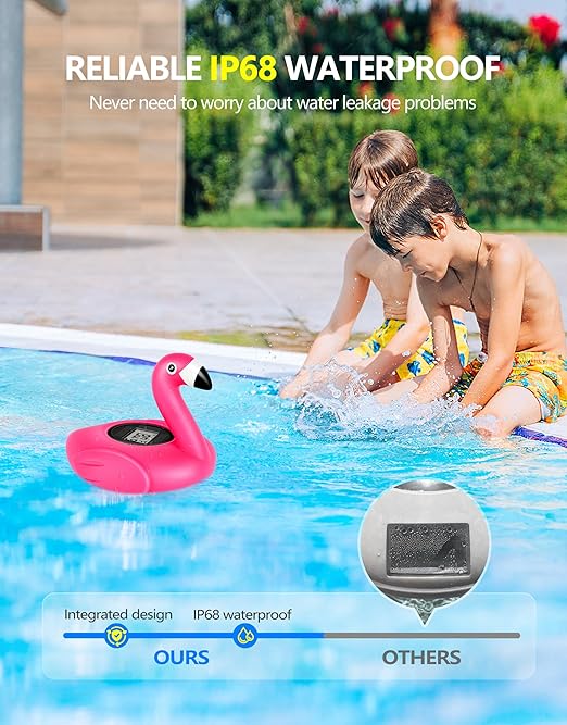 FirstE 2026 Solar Digital Pool Thermometer Come with Rope | Backlit LCD Display for Easy Read | Flamingo Pool Temperature Thermometer Floating Design | Ultra-accurate Temperature Gauge for Hot tub,Spa