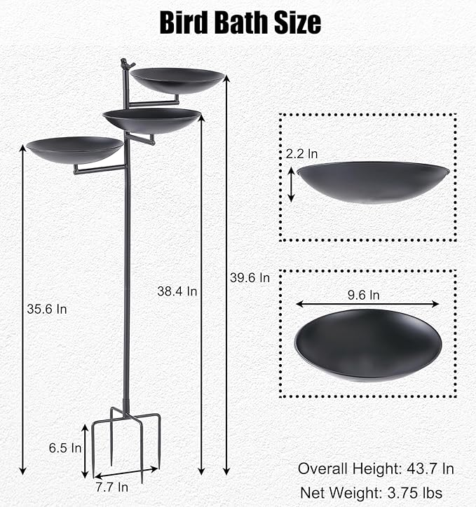 44" H Bird Bath and Feeder for Outside, 3 in 1 Metal Birdbaths for Outdoors, with 4-Prong Stake Base for Outdoors Yard Garden Patio, Black