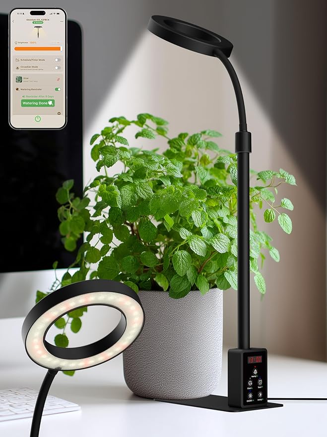Smart Grow Lights for Indoor Plants, Plant Light with Auto-Timer, Full Spectrum LED Grow Light, Adjustable Height & Stepless Dimming,Plant Assistant Suitable for Most Plants (Black(Desktop1))