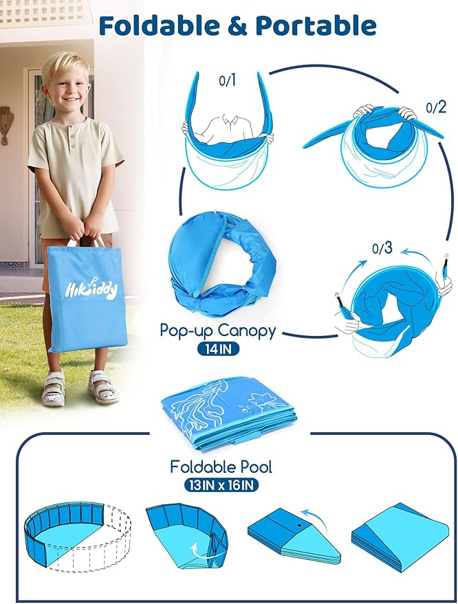 Hikiddy Foldable Kiddie Pool with Canopy: 31.5in/ 47in /63in for Baby Toddler Kids Family - Summer Water Play Pool with Shade - Portable for Outdoor Backyard Beach (Blue-Blue, 47in)