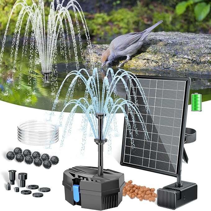 POPOSOAP Solar Pond Filter with Fountain Pump Built-in Battery Backup | 8W Solar Pond Pump with 8 Nozzles & 5Ft PVC Tubing, Dry-Run Protection for Outdoor Ponds Bird Baths DIY Water Feature