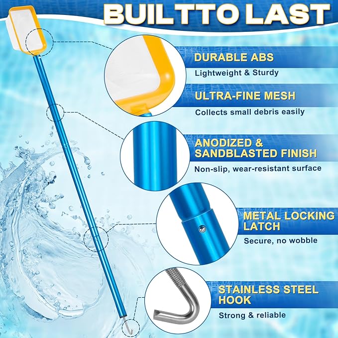 50in 2-in-1 Pool Skimmer Tool with Stainless Steel Hook and Detachable Fine Mesh Net, Includes Skimmer Basket Handle, for Above Ground and Inground Pools