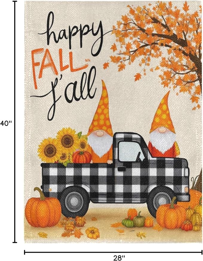 Happy Fall Pumpkin Truck Burlap House Flag 28x40 Inch Double Sided Outside Maple Leaves Tree Autumn Gnomes Seasonal Yard Outdoor Flag Banner for Garden Lawn Patio Holiday Decorations