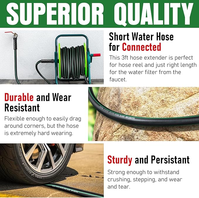 Short Garden Hose 3 feet, NON-EXPANDABLE Flexible Water Hose, Kink Resistant Lightweight Hybrid Hose, Leakproof Hose Male to Female Fittings
