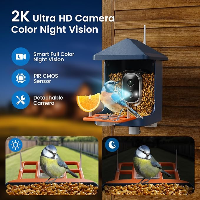 Bird Feeder with Camera 2K, 1 Year Free AI Identify 10,000+ Species 1.8L Birds Feeder Camera Bird Feeders for Outdoors Solar Powered IP65 Instant Alert, Auto Record Video Ideal Gift for Nature Lovers