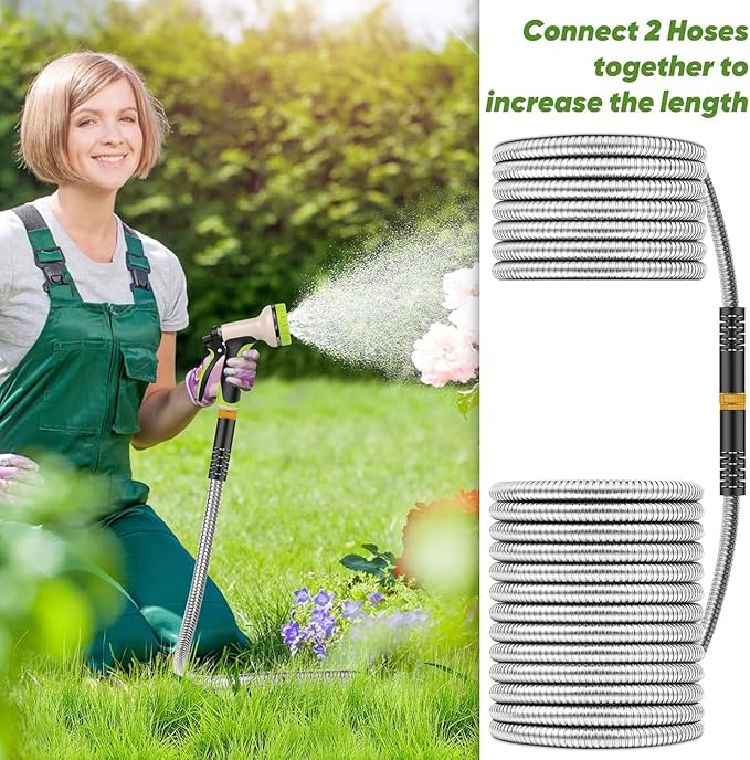 Unywarse Garden Hose 125ft, Stainless Steel Heavy Duty Water Hose with 10 Function Nozzle Flexible, Lightweight, No-Kink, Pet Proof, Puncture Proof Metal Hose for Yard, Outdoor