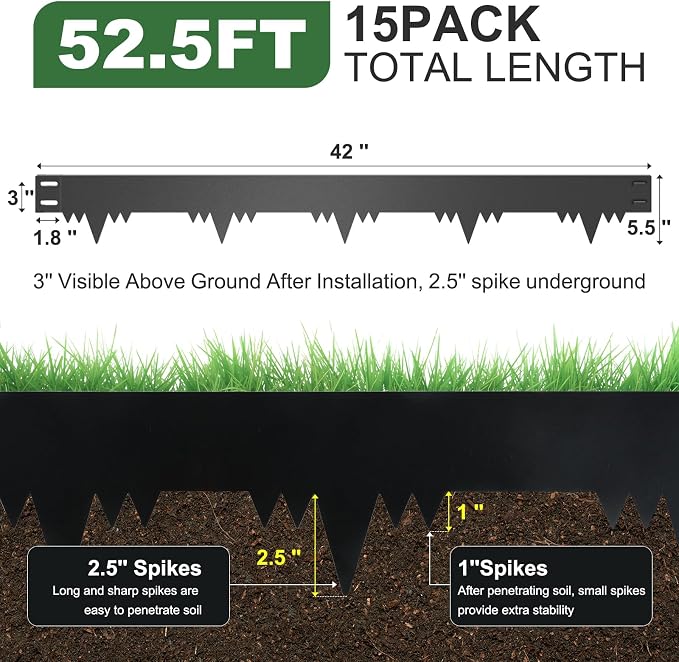 Metal Landscape Edging Border 15 Packs 42'' L x 5.5'' H, Galvanized Steel Garden Edging Border with 15 Stakes, Hammer-in Lawn Edging for Landscaping, Flower Bed, Yard, Pathway, Tree Ring(52ft Total)