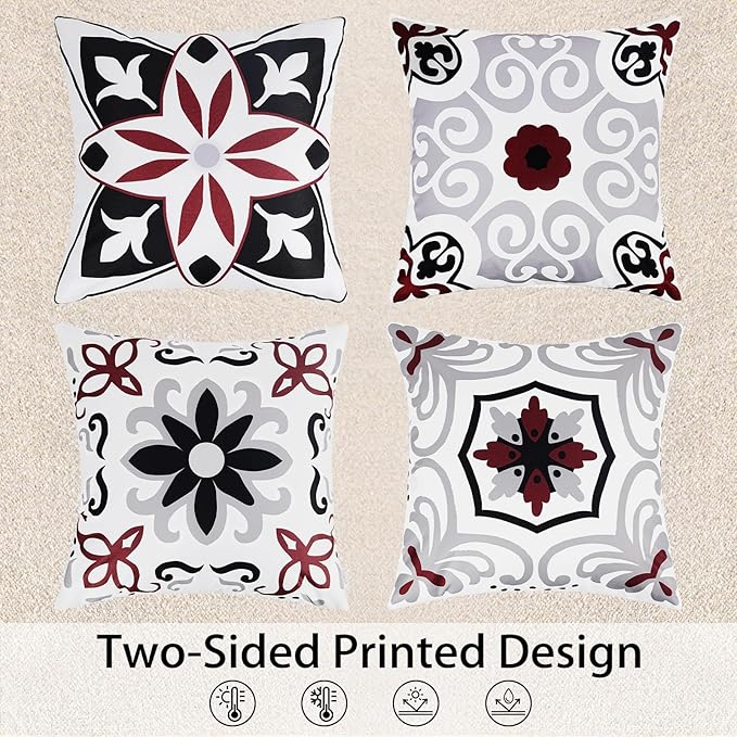 Pyonic Black White Gray Outdoor Pillows Waterproof Throw Pillow Covers Set of 4 Floral Printed and Boho Farmhouse Outdoor Pillow Covers for Patio Funiture Garden 18x18 Inch