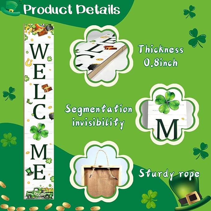 St. Patrick's Day Porch Sign Saint Patrick Wooden Welcome Sign For Front Door Shamrock Clover Home Decoration Vertical Sign For Patio Porch Standing Yard Sign for Indoor Outdoor Garden Wall
