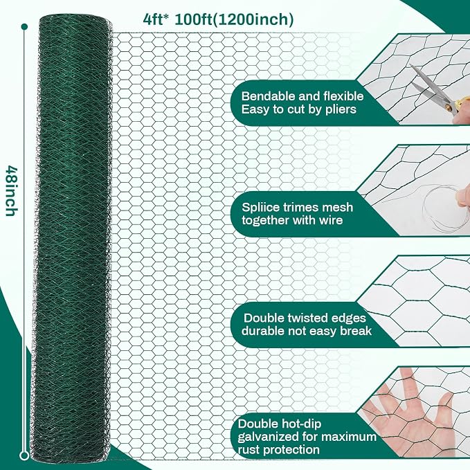 GlikCeil 48 in x 100 ft Chicken Wire Fencing, Metal Chicken Wire Fence for Crafting, Garden Protection, 0.5 Inch Hexagonal Galvanized Hardware Cloth Netting for Fowl Coop Barrier, Rabbit Cage(Green)