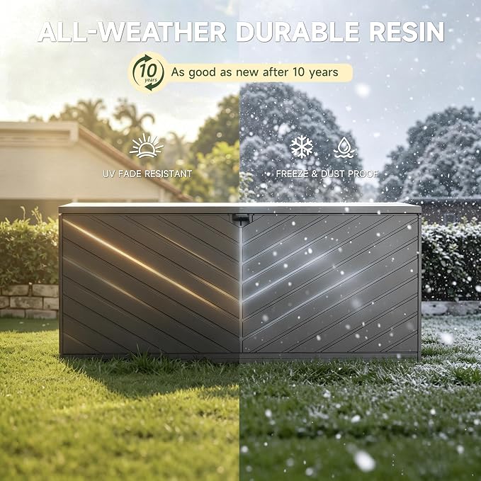 Deck Box, Waterproof Resin Outdoor Storage Box with Double-Layer Lockable Lid, UV-Resistant Storage for Patio, Pool, Garden & Backyard, 270 Gallon, Brown
